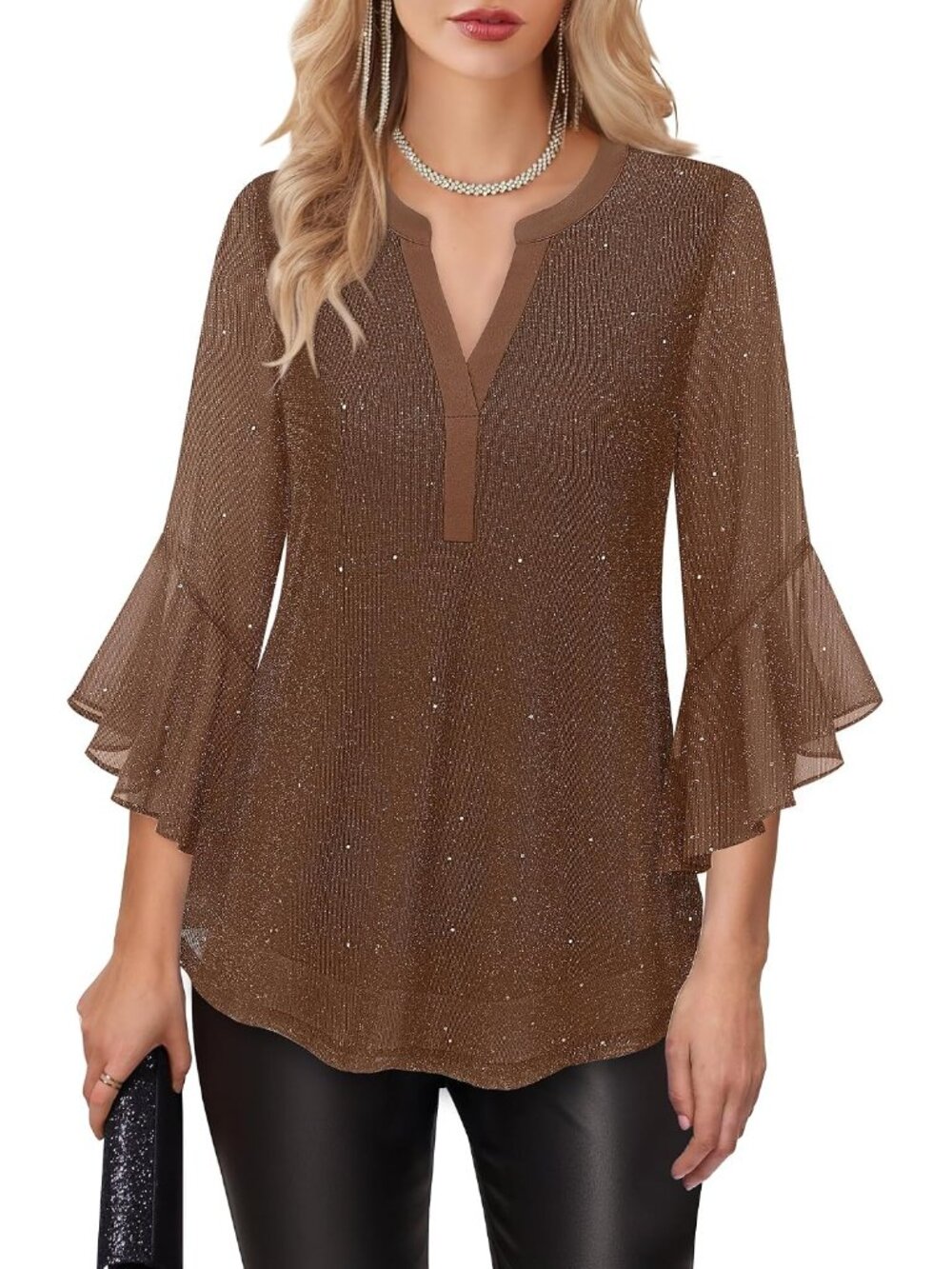 Women's 3/4 Sleeve Dressy Tops Elegant V Neck Blouse for Women Casual Work Eveni